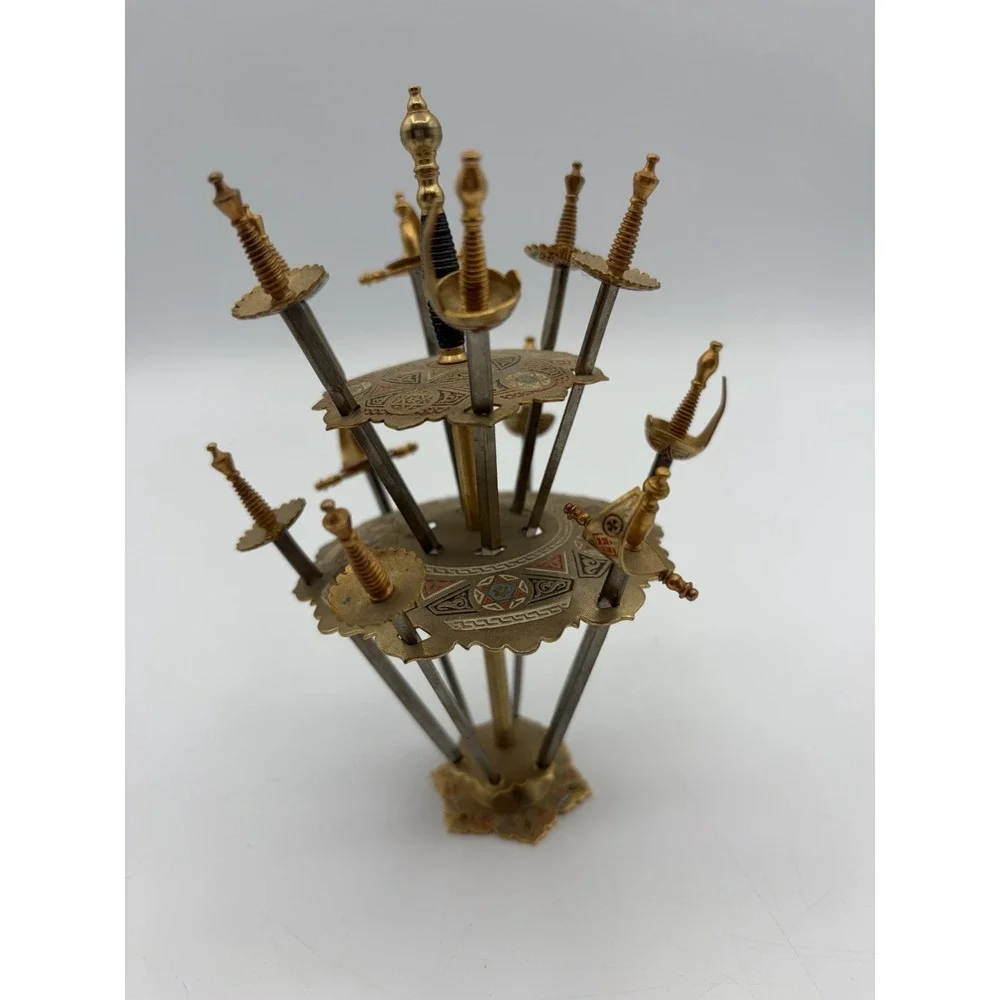 Vintage Toledo Spain Appetizer Swords Set of 12 Brass Cocktail Picks Stand